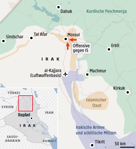 © Grafik: Omniscale/OSM/APA/ORF.at; Quelle: The Guardian Karte zu kontrollierten Gebieten um Mossul
