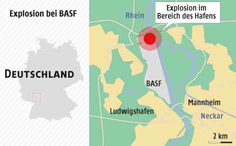 © Grafik: APA/ORF.at; Quelle: APA Eine Grafik zeigt die Lages des BASF-Werks in Ludwigshafen