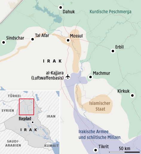© Grafik: Omniscale/OSM/APA/ORF.at; Quelle: The Guardian Karte zu kontrollierten Gebieten um Mossul