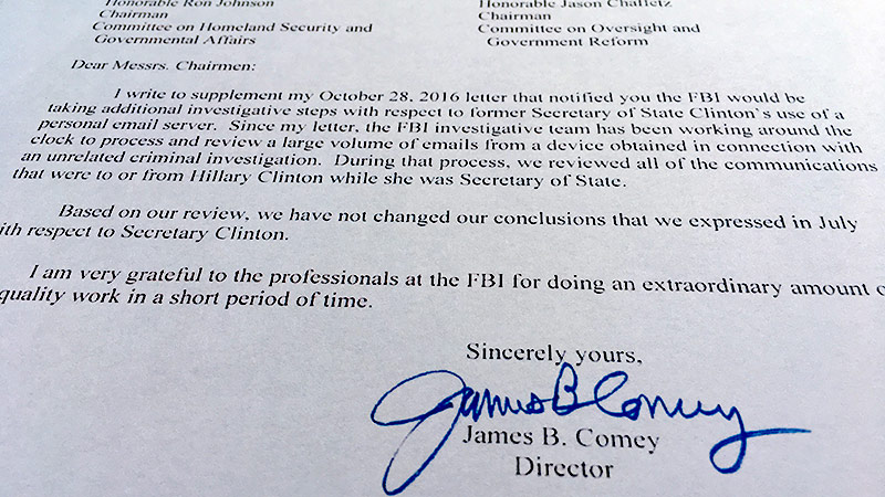 Brief von FBI-Direktor James Comey zur Entlastung von Hillary Clinton in der E-Mail-Affäre