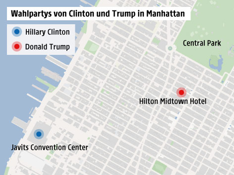 © Omniscale/OSM/ORF.at Grafik zeigt die Lage der Wahlzentralen von Hillary Clinton und Donald Trump