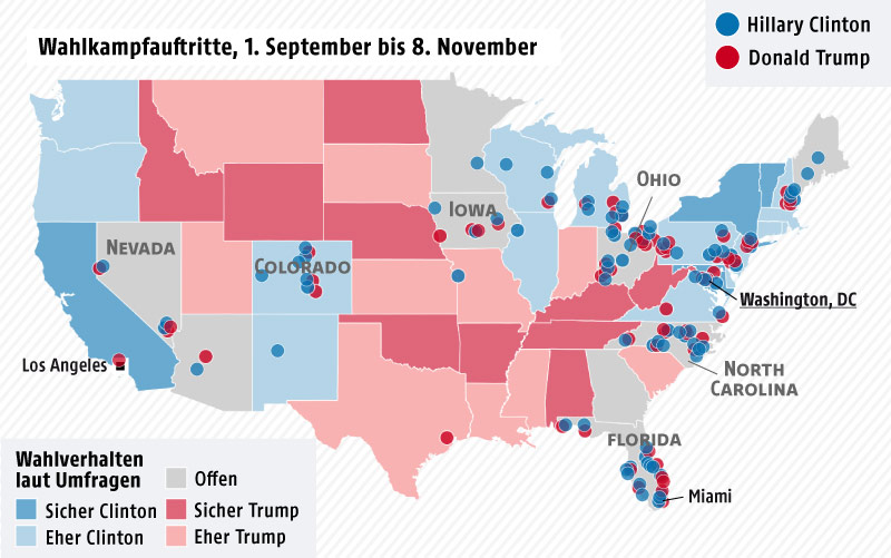 Karte zeigt Wahlkampfauftritte von Clinton und Trump