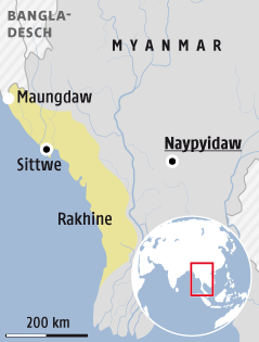 © Grafik: APA/ORF.at; Quelle: bbc.com Karte zeigt Rakhina Küstengebiet in Myanmar