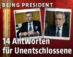 Montage von ORF.at-Instagram-Videostills von Hofer und Van der Bellen vor roter Hofburg-Tapete