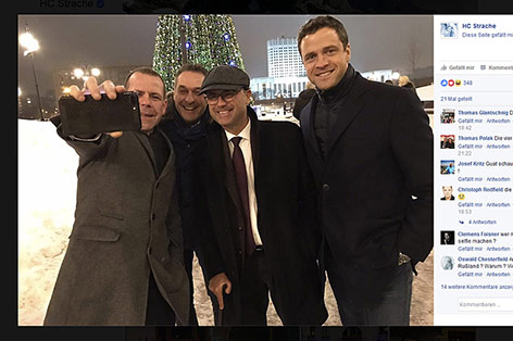 Screenshot eines Fotos von Hofer, Strache, Vilimsky und Gudenus in Moskau auf der Facebook-Seite von H.C. Strache