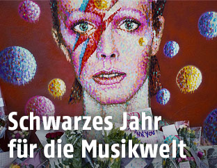 Porträt von David Bowie als Ziggy Stardust auf einer Hausmauer im Lonidoner Stadtviertel Brixton