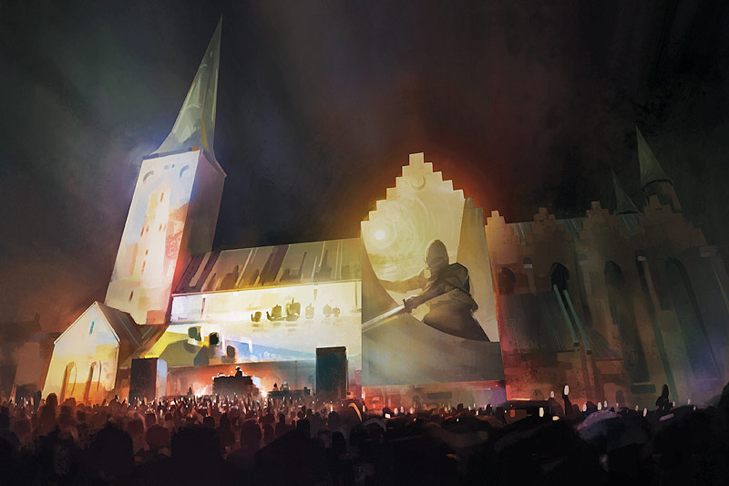 Gemälde mit Projektionen auf einer Kirche vor Zuschauern