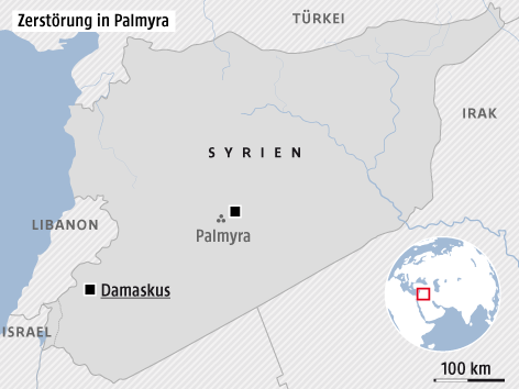 © Grafik: APA/ORF.at Die Karte zeigt die historische Stadt Palmyra und ihre Lage in Syrien