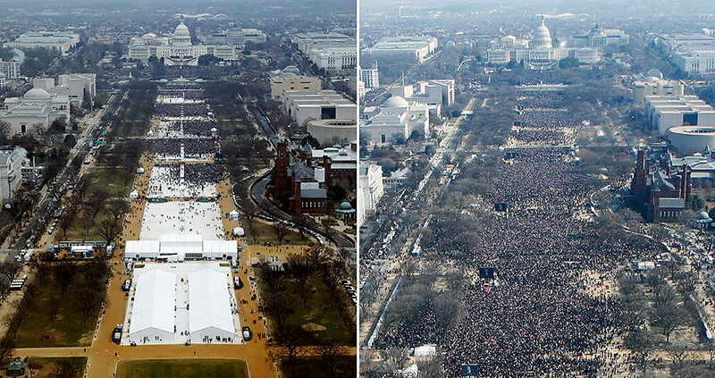 © Reuters/Lucas Jackson, Stelios Varias Zwei Fotos der National Mall in Washington zeigen die Besuchermassen um 12:01 Uhr am 20. Jänner 2017 und 20. Jänner 2009