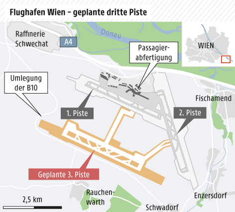 © Grafik: APA/ORF.at; Quelle: APA Karte von der geplanten dritten Piste am Flughafen Schwechat