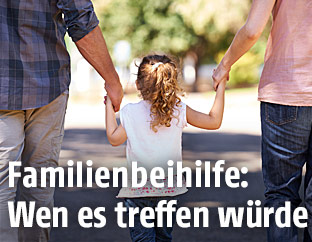 Ein Kind geht Hand in Hand mit Vater und Mutter auf einem Weg spazieren