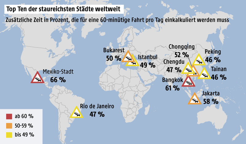 © Grafik: APA/ORF.at; Quelle: TomTomTrafficIndex Karte zu den staureichsten Städten auf der Welt