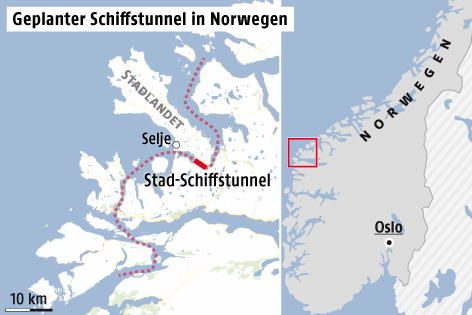 © Grafik: OSM/APA/ORF.at Karte zeigt geplanten Schiffstunnel in Norwegen