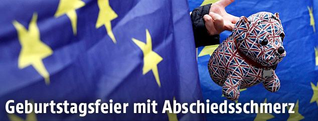 Britischer Stoffhund vor EU-Flaggen
