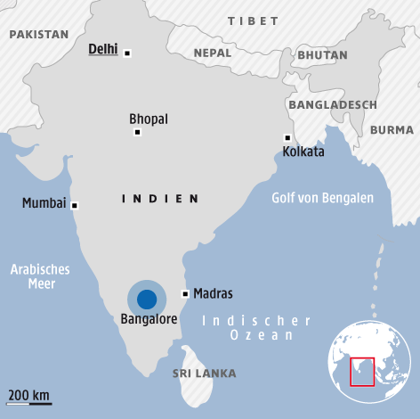 © Grafik: APA/ORF.at; Quelle: APA Eine Grafik zeigt die Stadt Bangalore in Indien