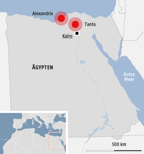 © Grafik: APA/ORF.at; Quelle: APA Eine Karte zeigt die Orte Tanta und Alexandria in Ägypten