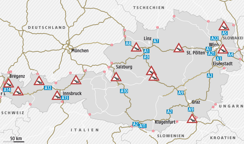 © Grafik: APA/ORF.at; Quelle: APA Eine Grafik zeigt mögliche Staupunkte im Osterreiseverkehr