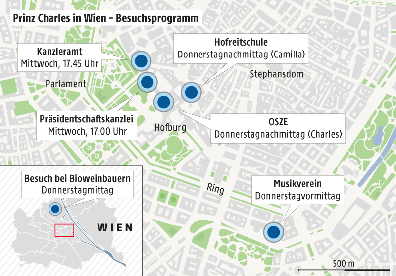 © Grafik: APA/ORF.at; Quelle: APA/Bundespressedienst Grafik zeigt die Stationen des Besuchs von Prinz Charles und Ehefrau Camilla in Wien