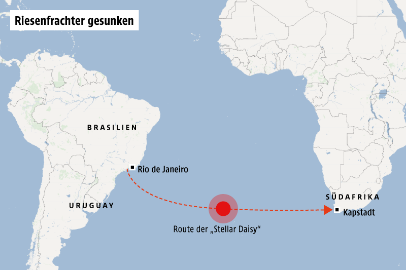 © Grafik: OSM/ORF.at; Quelle: FleetMon Karte zeigt die Sinkstelle des Frachters "Stellar Daisy"