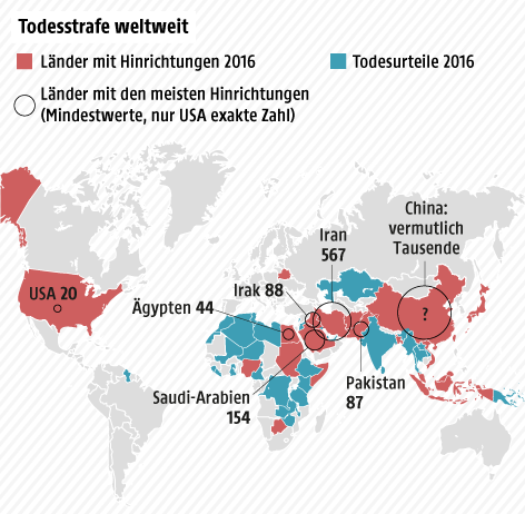© Grafik: ORF.at, Quelle: APA/Amnesty International Länder mit Hinrichtungen und Todesurteilen 2016 - Weltkarte