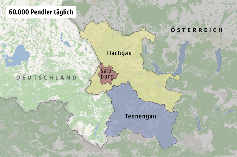Karte zeigt das Flachgau, Tennengau und die Stadt Salzburg