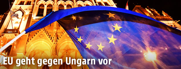 EU-Fahne vor dem ungarischen Parlament in Budapest