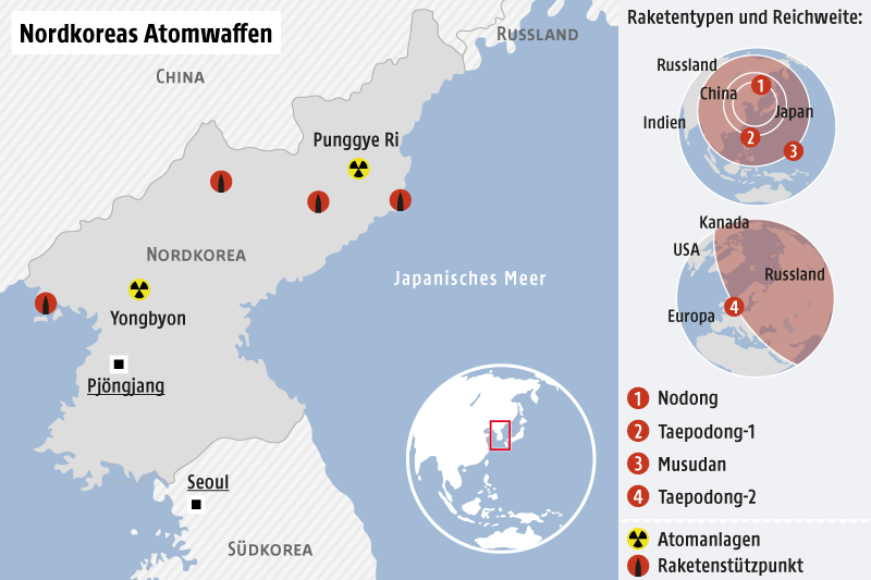 Karte Nordkorea mit Atomtestgebieten und Raketenbasen, Raketen mit Reichweiten