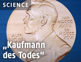 Eine Münze mit Alfred Nobels Portrait