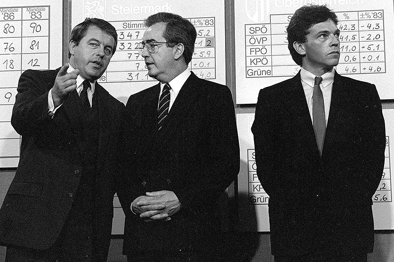 © APA Kanzler Franz Vranitzky, ÖVP-Chef Alois Mock und FPÖ-Chef Jörg Haider
