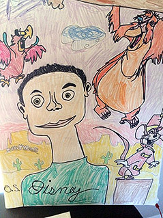 Selbstportrait von Owen mit Disney Charakteren