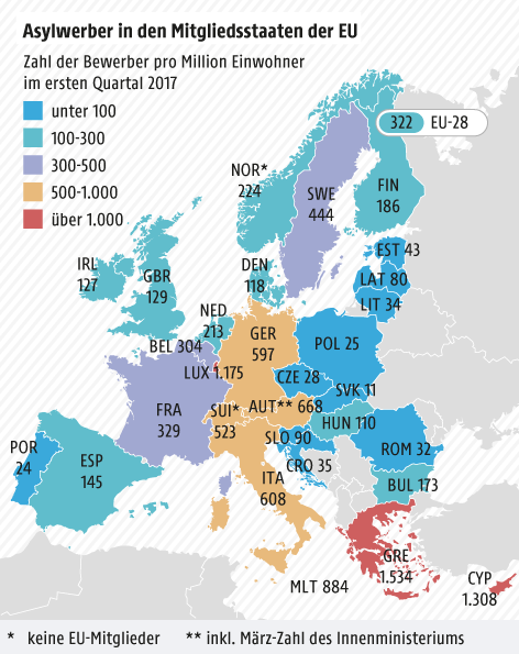© Grafik: APA/ORF.at; Quelle: APA/eurostat/BMI Karte zu Asylwerberzahlen