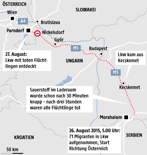 © Grafik: APA/ORF.at; Quelle: APA Grafik zum Flüchtlingsdrama auf der A4