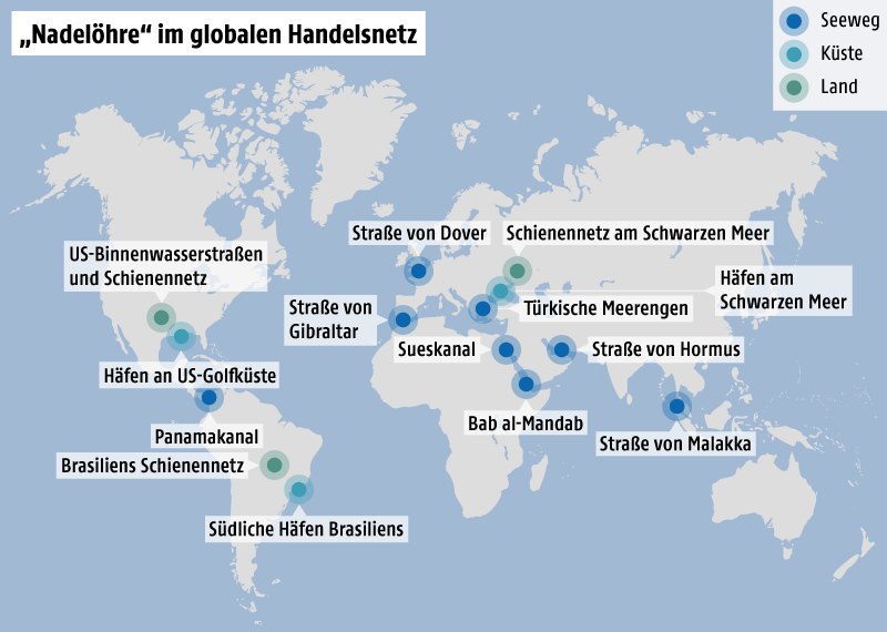 Weltkarte zeigt die Nadelöhre des Lebensmittelhandels