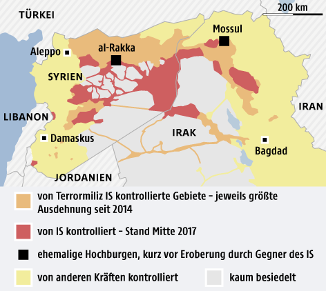 © Grafik: APA/ORF.at; Quelle: APA/IHS Conflict Monitor Karte zeigt IS-Gebiete in Syrien und Irak