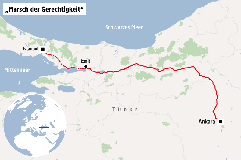 © Grafik: Omniscale/OSM/APA/ORF.at Karte zeit die Route des "Marsch der Gerechtigkeit"