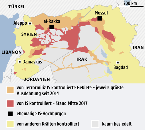 © Grafik: APA/ORF.at; Quelle: APA/IHS Conflict Monitor Karte zeigt IS-Gebiete in Syrien und Irak