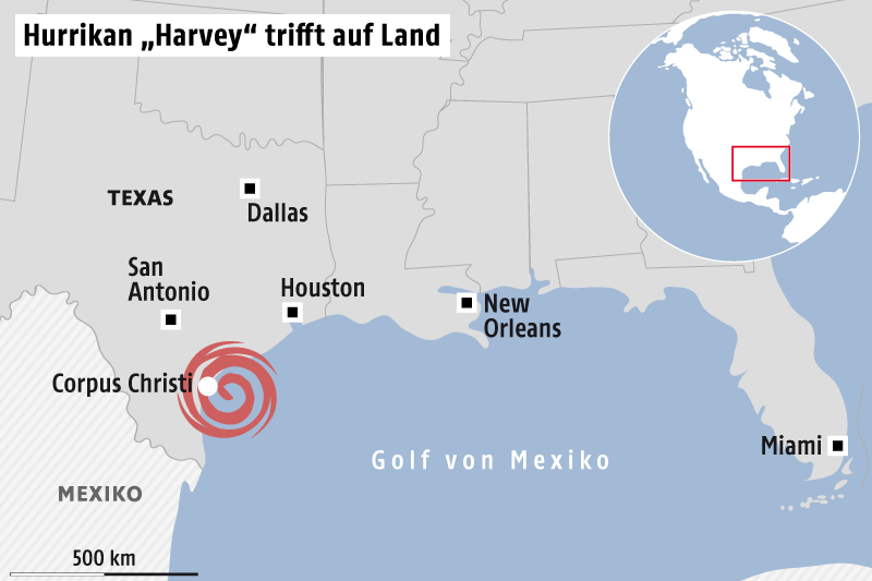 © Grafik: APA/ORF.at Karte zeigt Hurrikan Harvey