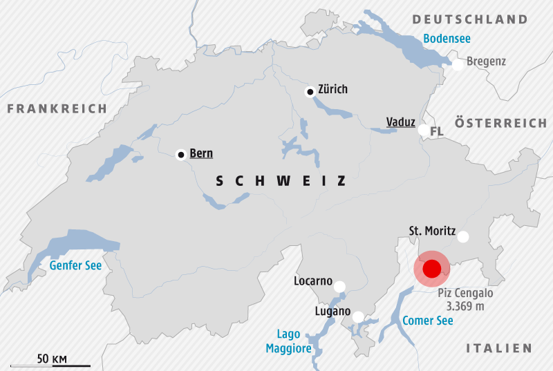 © Grafik: APA/ORF.at Karte zeigt den Unglücksort Piz Cengalo