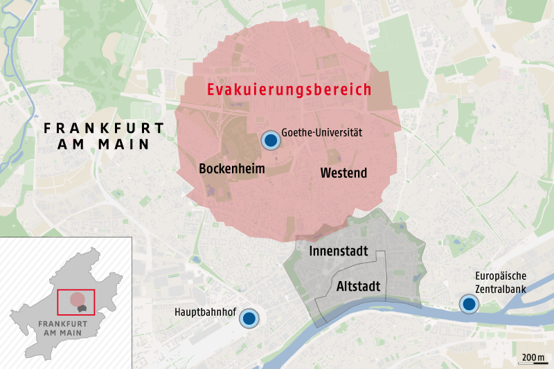 © Grafik: Omniscale/OSM/ORF.at; Quelle: Polizei Frankfurt Grafik zeigt den Evakuierungsbereich in Frankfurt am Main