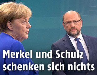 Martin Schulz und Angela Merkel im Studio