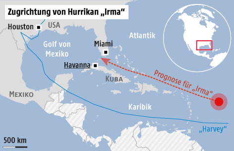 © Grafik: APA/ORf.at; Quelle: APA/NOAA Karte Karibik und Golf von Mexiko, Zugrichtung der Stürme "Harvey" und "Irma"