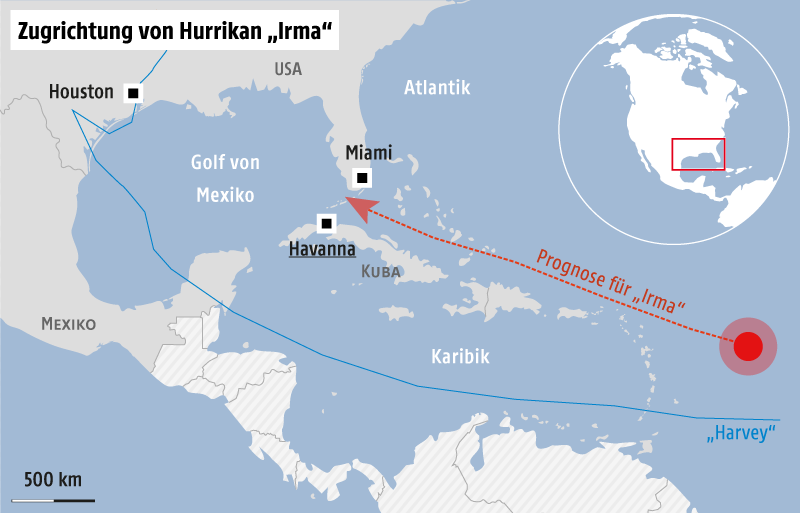 Karte Karibik und Golf von Mexiko, Zugrichtung der Stürme "Harvey" und "Irma"