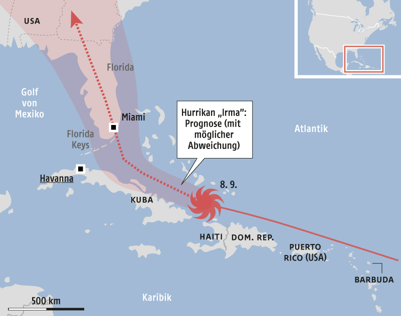 © Grafik: APA/ORF.at; Quelle: APA/NOAA Karte vom Hurrikan Irma in der Karibik