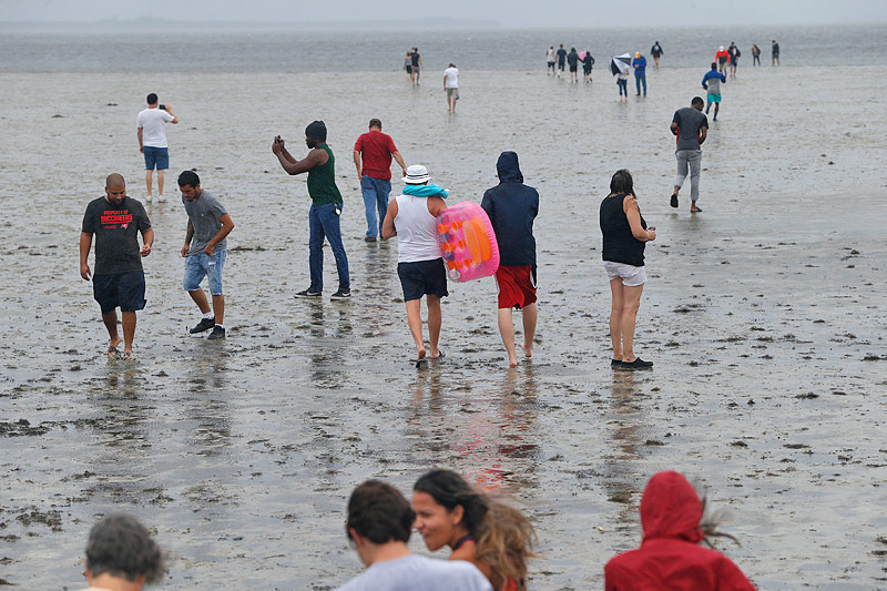 © APA/AFP/Getty Images/Brian Blanco Menschen waten im Schlamm, nachdem sich das Meer in Tampa Bay (Florida) weit zurückgezogen hat
