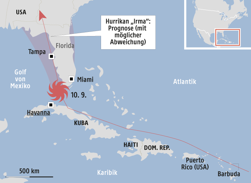 © Grafik: APA/ORF.at; Quelle: APA/NOAA Karte vom Hurrikan Irma