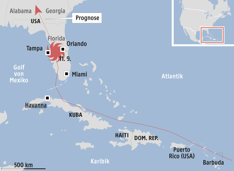 © Grafik: APA/ORF.at; Quelle: APA/NOAA Karte vom Hurrikan Irma