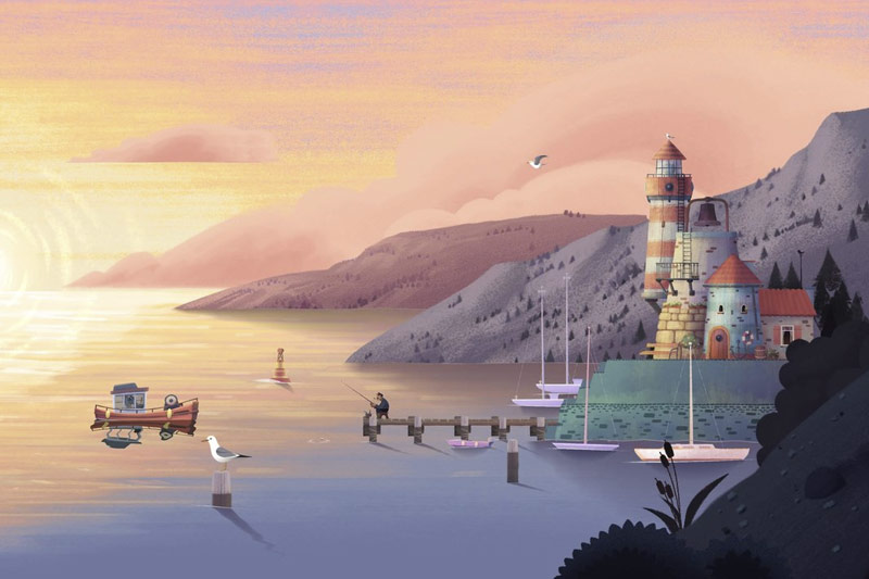 © Broken Rules Ein Leuchtturm und ein kleines Boot. Screenshot aus "Old Man's Journey".