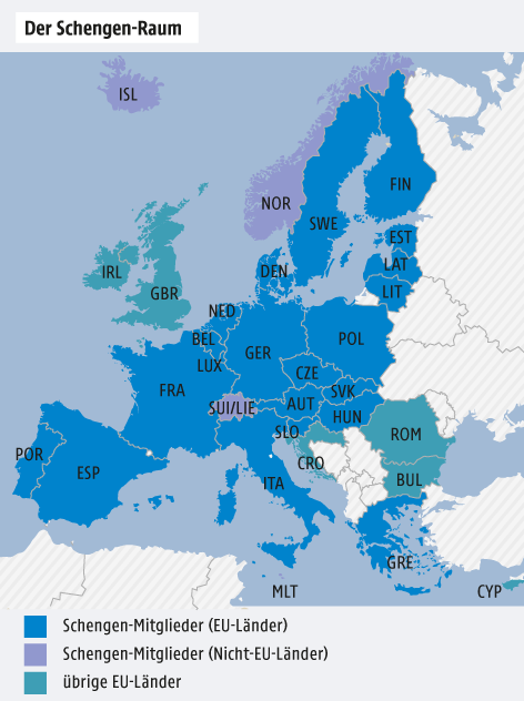 Karte von Europa mit dem Schengen-Raum