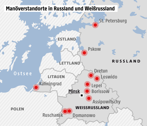 © Grafik: APA/ORF.at; Quelle: Russisches Verteidigungsministerium Karte der Sapad-Manöverstandorte