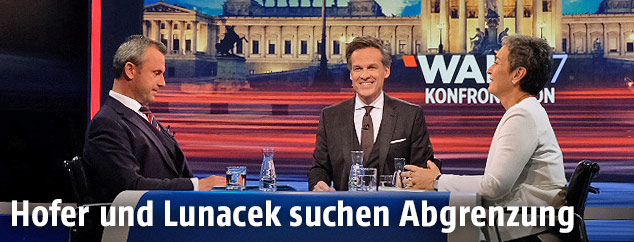Tarek Leitner, Norbert Hofer (FPÖ) und Ulrike Lunacek (Grüne)
